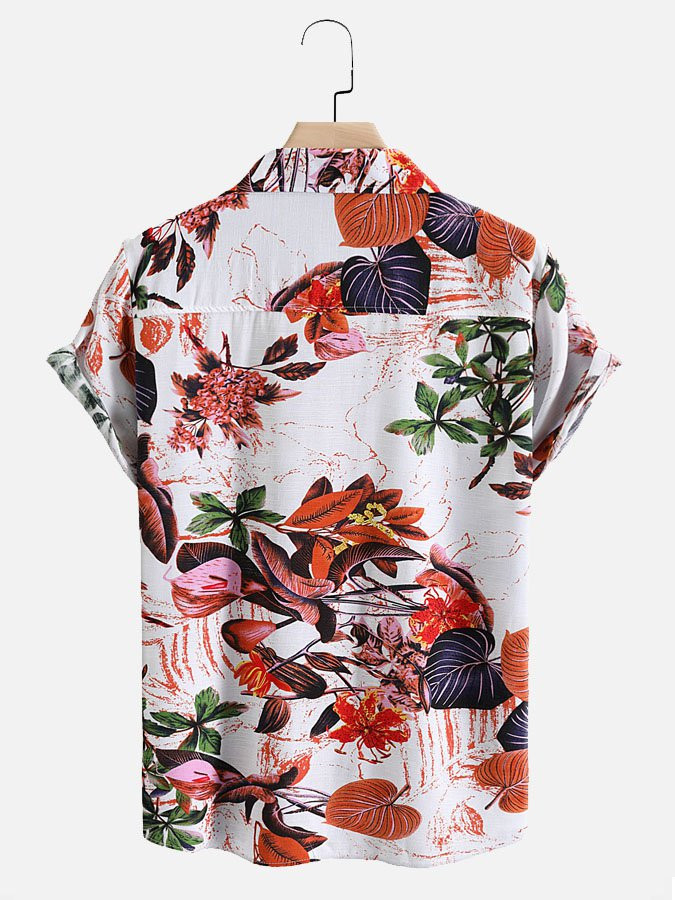 Mens Casual Vintage Tropical Floral Print Lapel Casual Short Sleeve Hawaiian Shirt