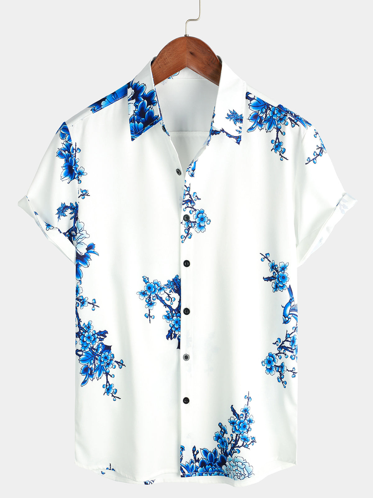 Mens Blue Floral Printed Button Up Short Sleeve Casual Shirt Hawaiian Shirt for Men Women