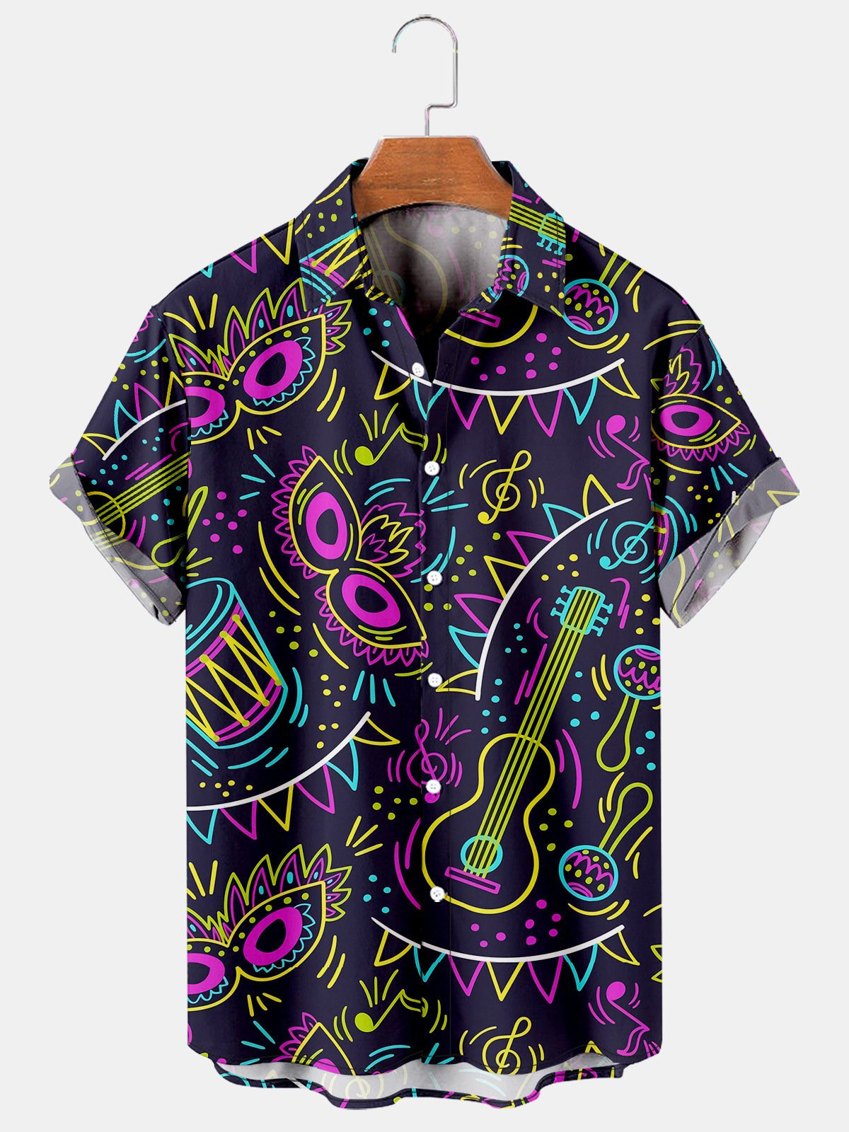 Mardi Gras Carnival Masks  Music Print Casual Short Sleeve Hawaiian Shirts For Men