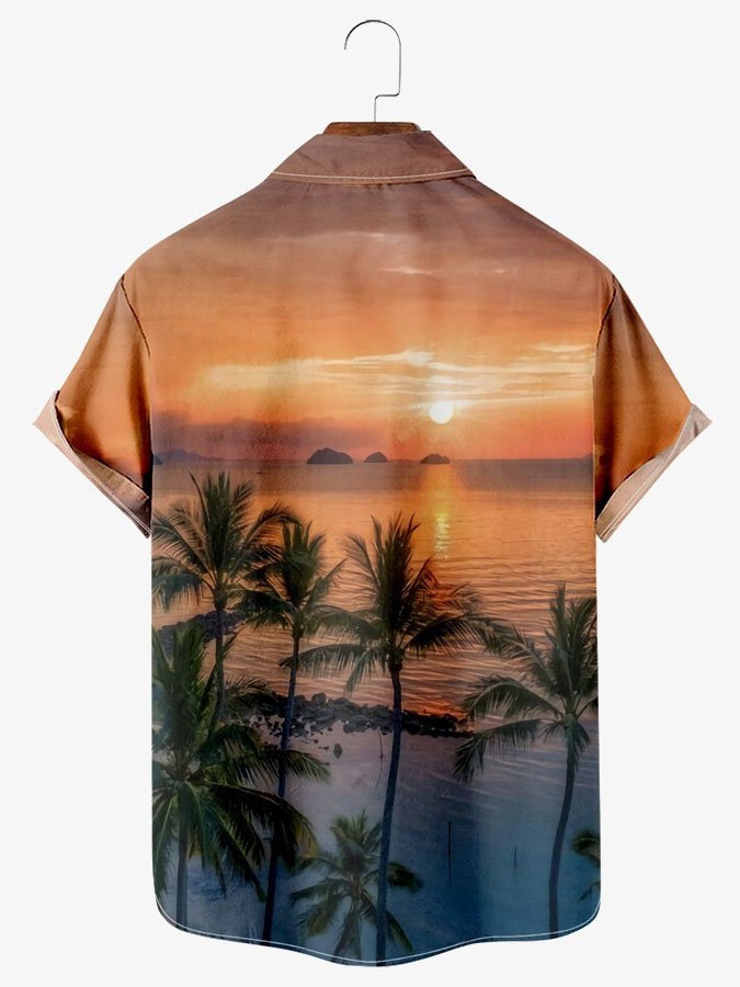 Mens Hawaiian Shirt Beach Palm Landscape Print Short Sleeve Shirt