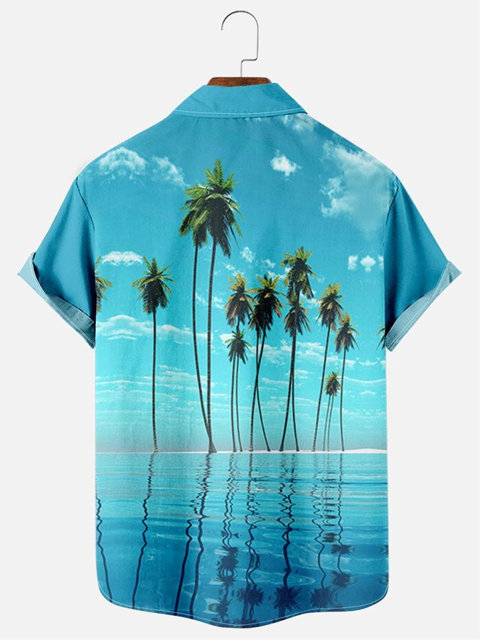 Mens Vintage Hawaiian Shirt Casual Resort Beach Coconut Tree Print Cotton Blend Shirt