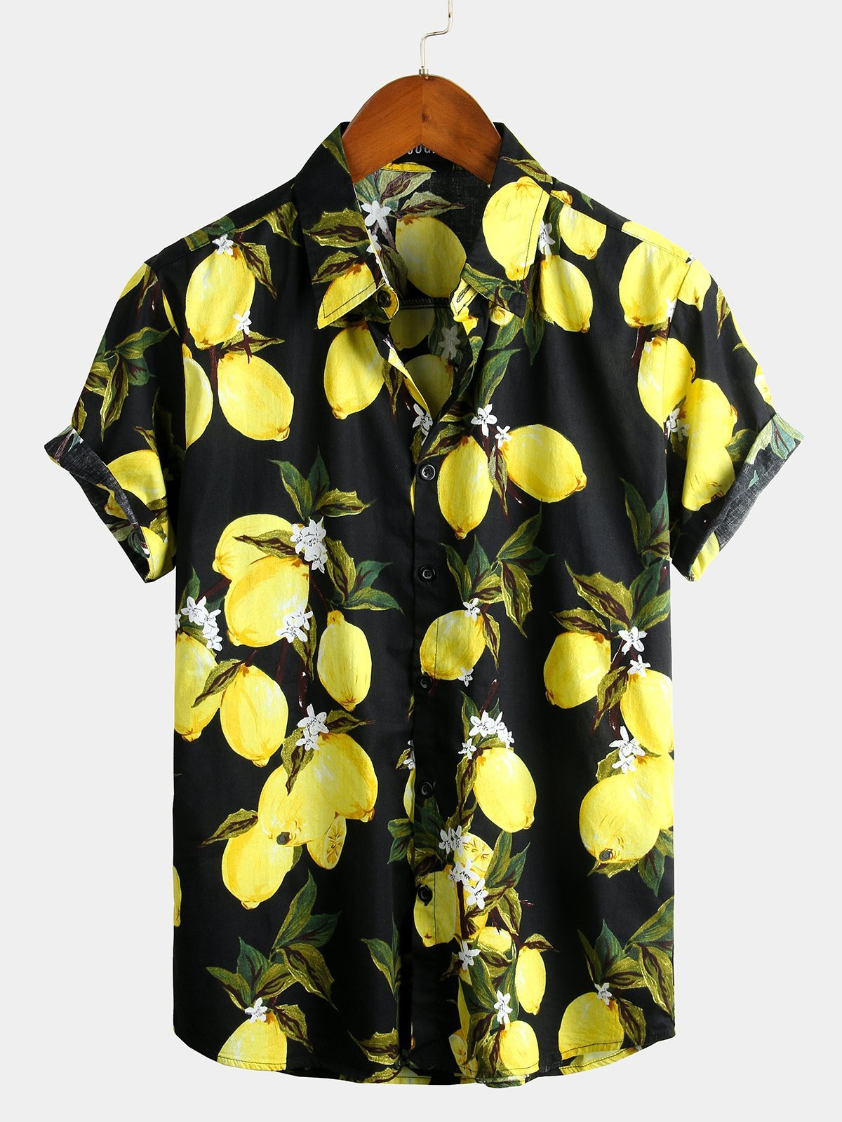 Mens Tropical Yellow Lemon Print Hawaiian Short Sleeve Shirt