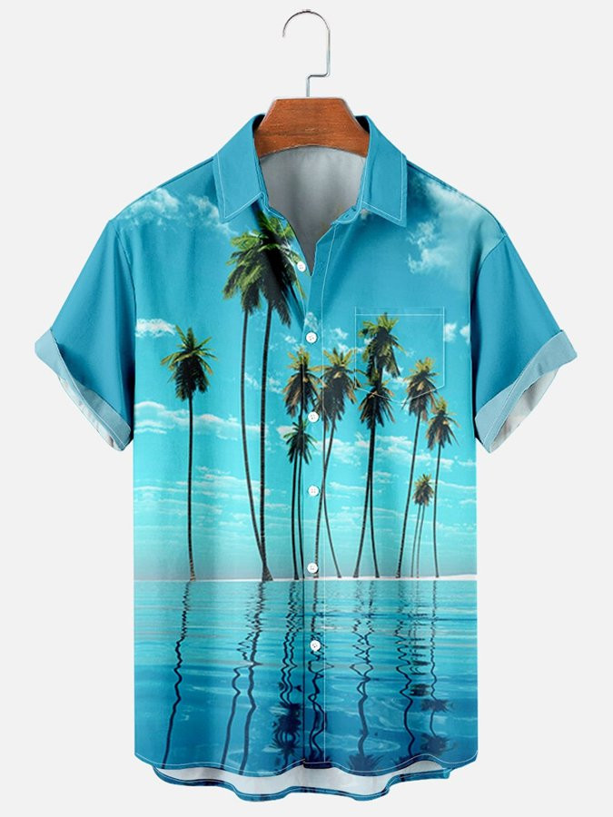 Mens Vintage Hawaiian Shirt Casual Resort Beach Coconut Tree Print Cotton Blend Shirt