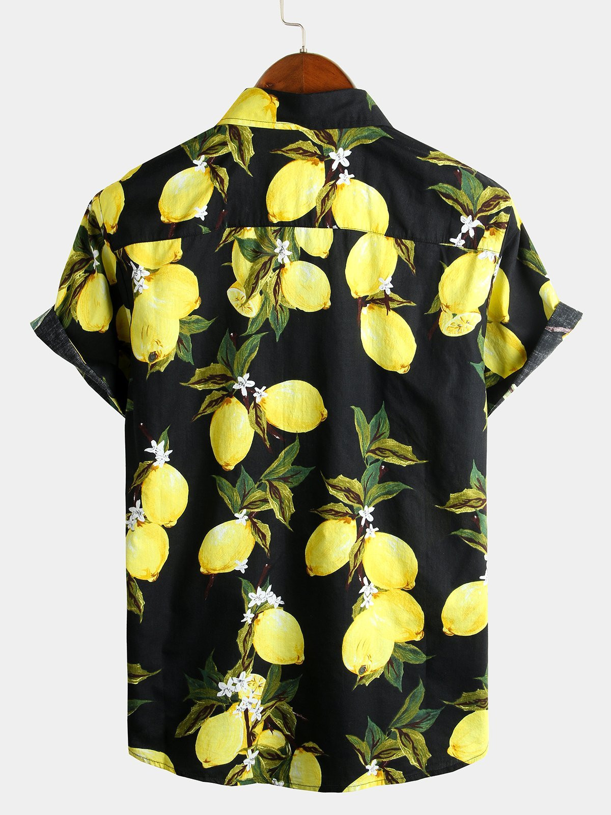 Mens Tropical Yellow Lemon Print Hawaiian Short Sleeve Shirt