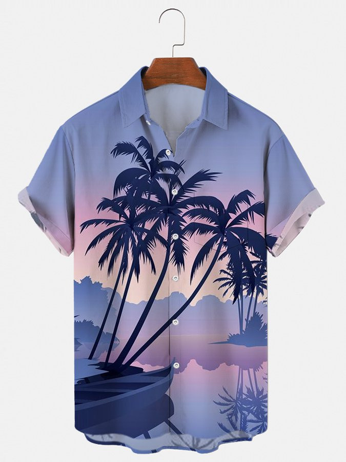 Mens Palm Tree Landscape Print Short Sleeve Shirt Hawaiian Shirt for Men Women