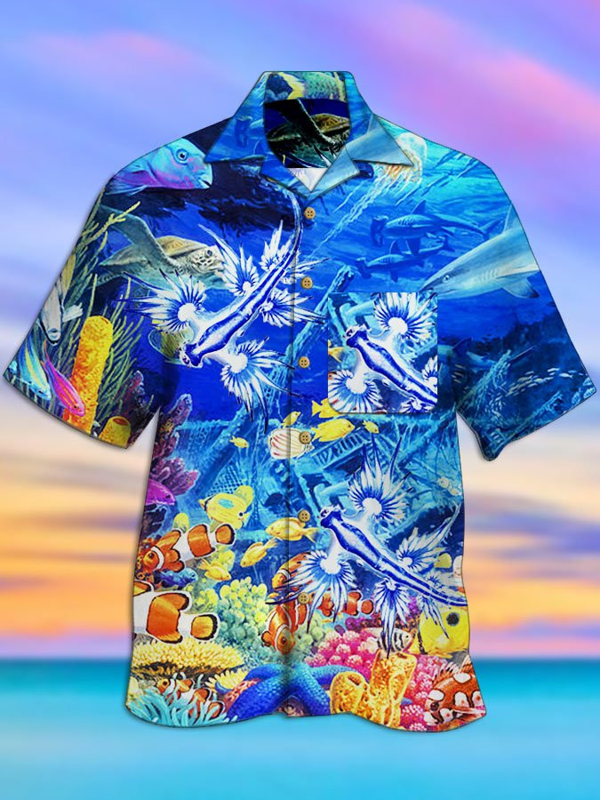 Mens Blue Cotton-Blend Statement Sea Glaucus Atlanticus Print Shirts Hawaiian Shirt for Men Women