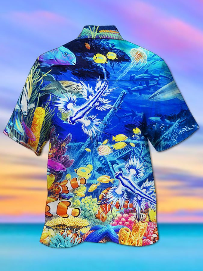 Mens Blue Cotton-Blend Statement Sea Glaucus Atlanticus Print Shirts Hawaiian Shirt for Men Women