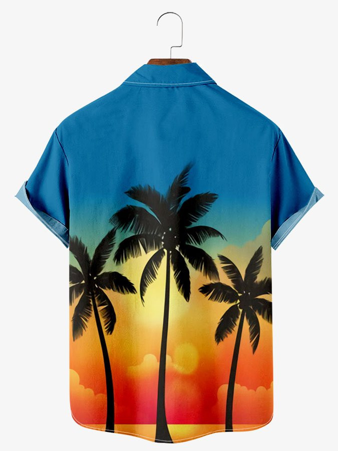 Mens Simple Sunset Beach Coconut Tree Gradient Short Sleeve Hawaiian Shirt