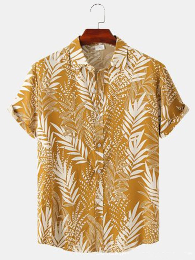 Mens Jungle Plant Print Vintage Short Sleeve Hawaiian Shirt