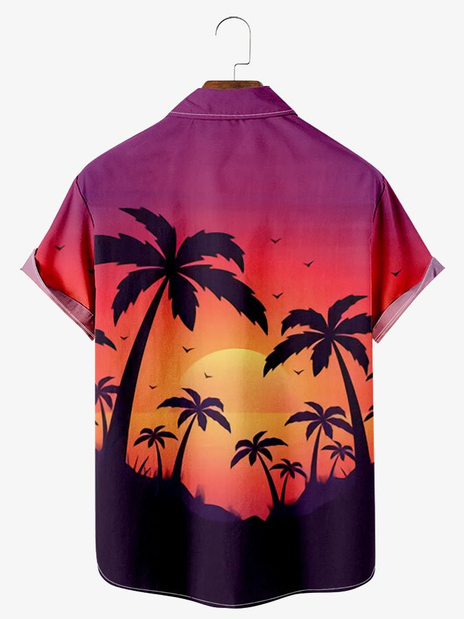 Mens Simple Sunset Coconut Tree Purple Cotton Blend Short Sleeve Hawaiian Shirt