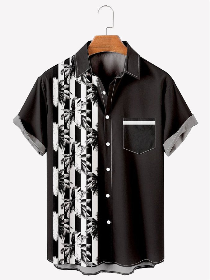 Mens Vintage Hawaiian Shirt Casual Coconut Mosaic Black Cotton Blend Shirt