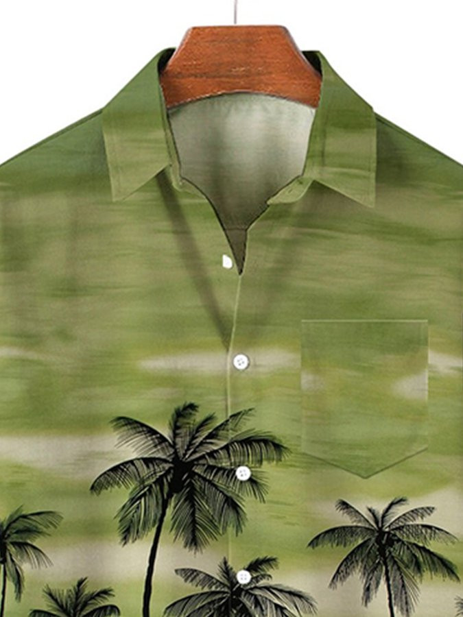 Mens Hawaiian Shirt Green Cotton-Blend Printed Holiday Series Shirts  Tops