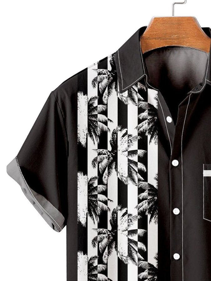 Mens Vintage Hawaiian Shirt Casual Coconut Mosaic Black Cotton Blend Shirt