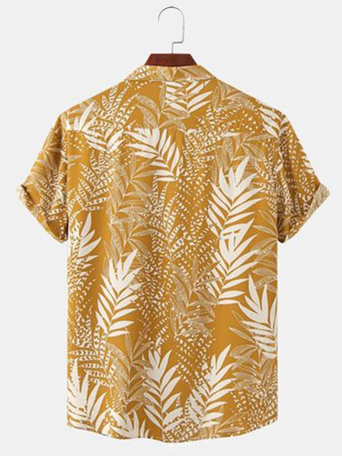 Mens Jungle Plant Print Vintage Short Sleeve Hawaiian Shirt