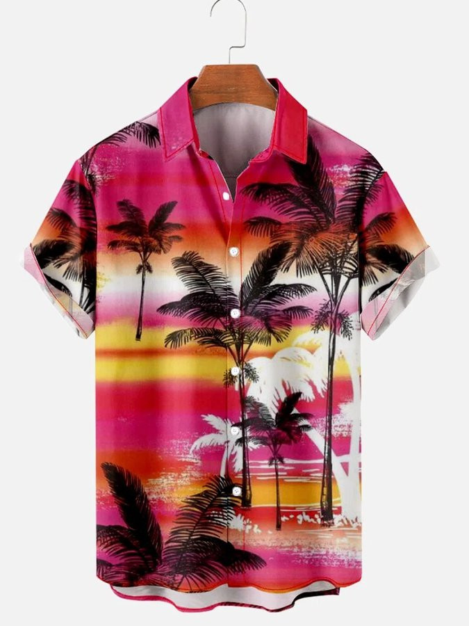 Mens Vintage Hawaiian Shirt Casual Resort Coconut Tree Print Short Sleeve Shirt