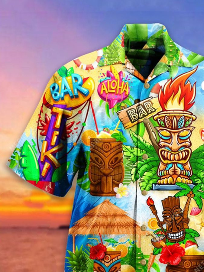 Mens Vintage Hawaiian Shirt Holiday Tiki Bar Colorful Cotton Blend Short Sleeve Shirt For Couples