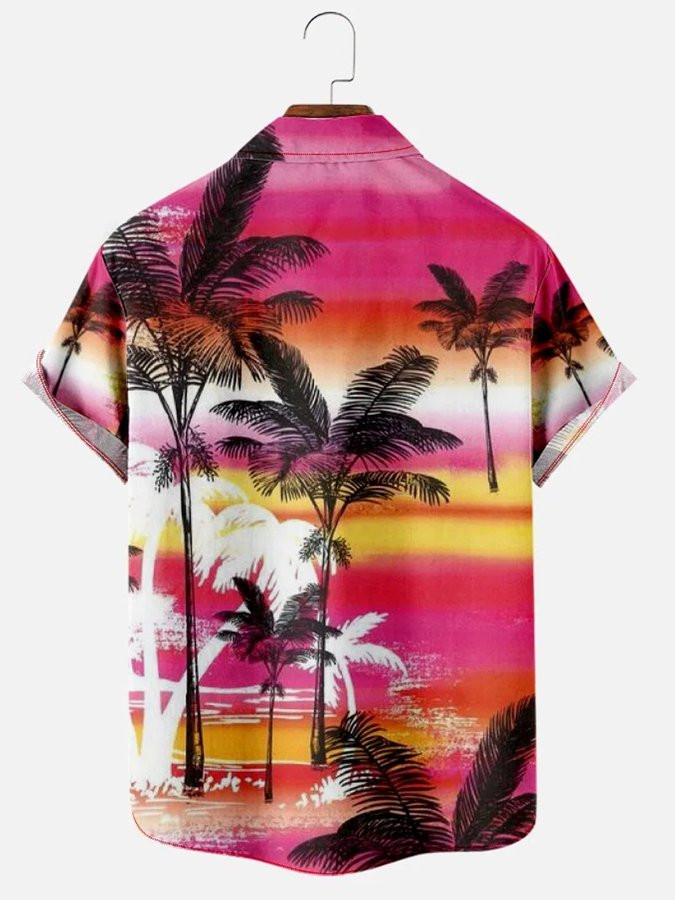 Mens Vintage Hawaiian Shirt Casual Resort Coconut Tree Print Short Sleeve Shirt