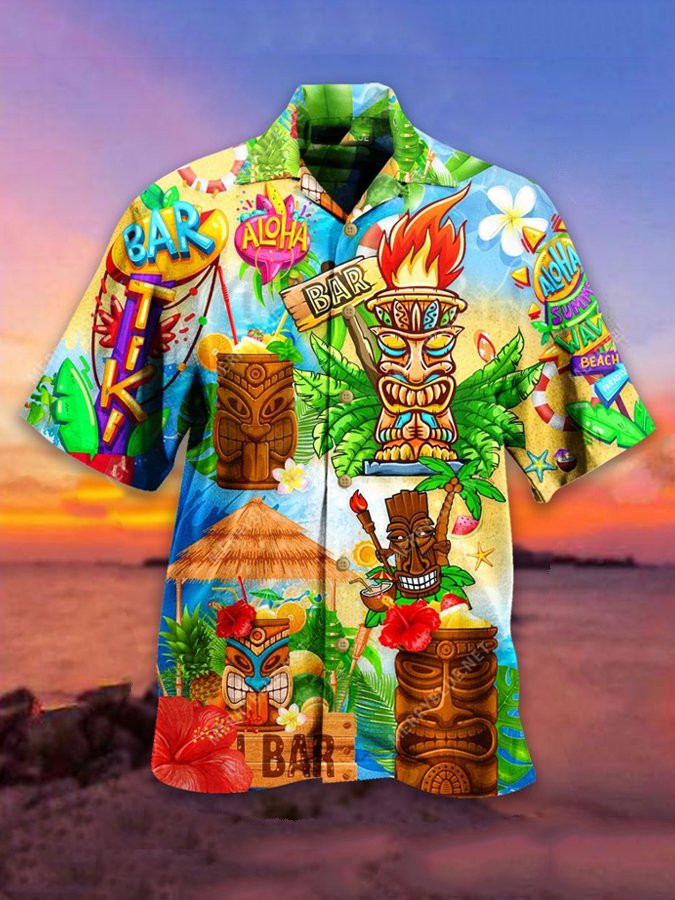 Mens Vintage Hawaiian Shirt Holiday Tiki Bar Colorful Cotton Blend Short Sleeve Shirt For Couples