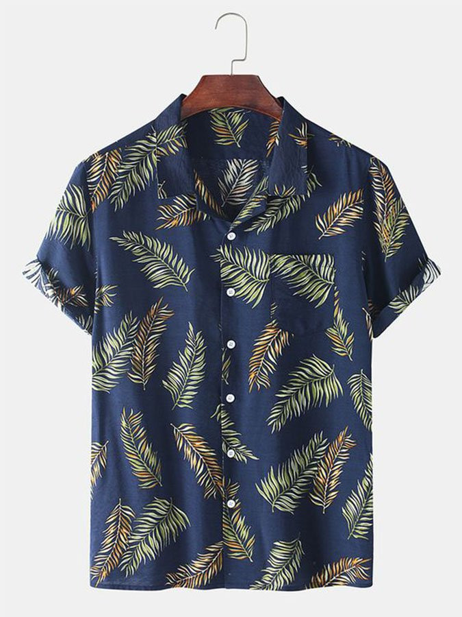 Mens Hawaiian Shirt Casual  Short Sleeve Aloha Navyblue Cotton-Blend Plant Beach Shirts