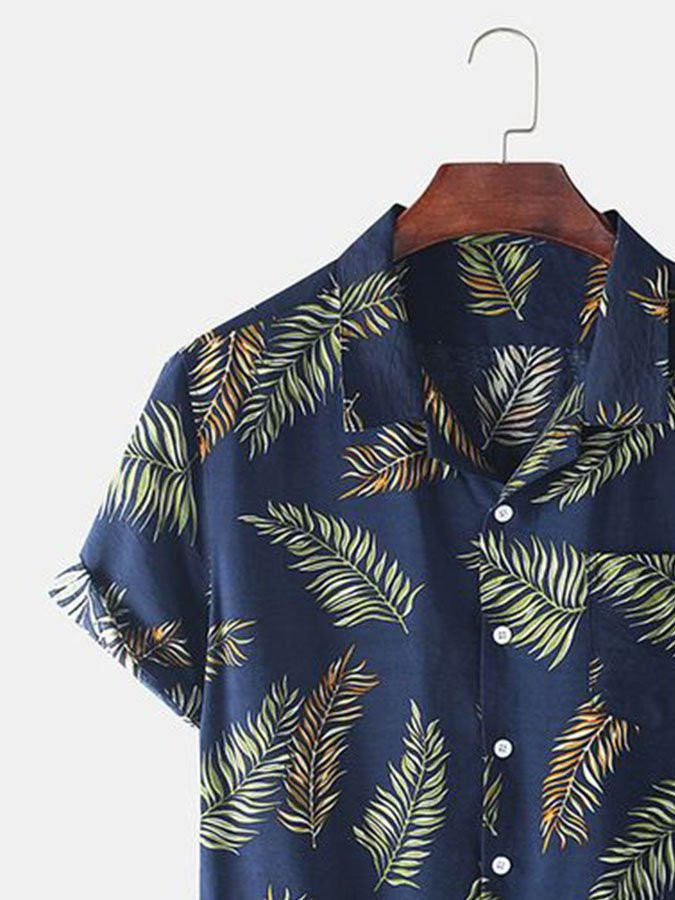 Mens Hawaiian Shirt Casual  Short Sleeve Aloha Navyblue Cotton-Blend Plant Beach Shirts