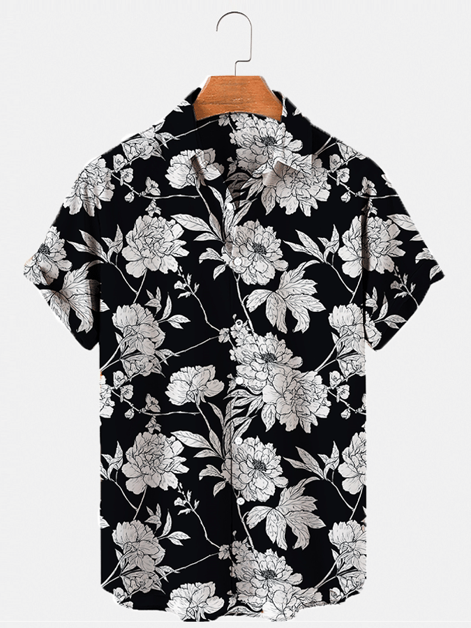 Mens Hawaiian Shirt Black Cotton-Blend Floral Casual Series Shirts  Tops