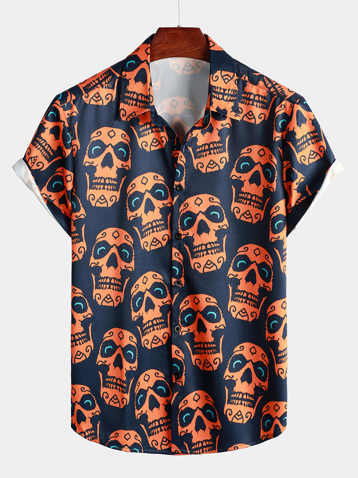 Mens Funny Skull Print Navy Blue Short Sleeve Shirt Hawaiian Shirt for Men Women