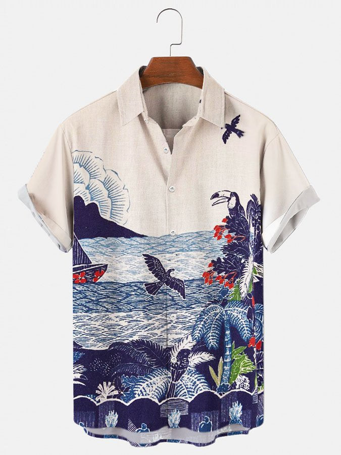 Mens Hawaiian Shirt Blue Animal Natural Landscape Shirts  Tops