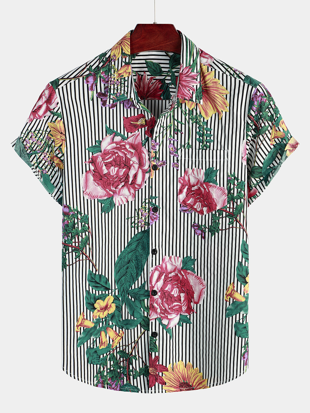 Mens Striped  Floral Print Short Sleeve Hawaiian Shirt