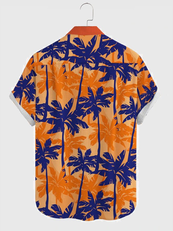 Orange Contrast Coconut Tree Printed Mens Short Sleeve Hawaiian Shirt