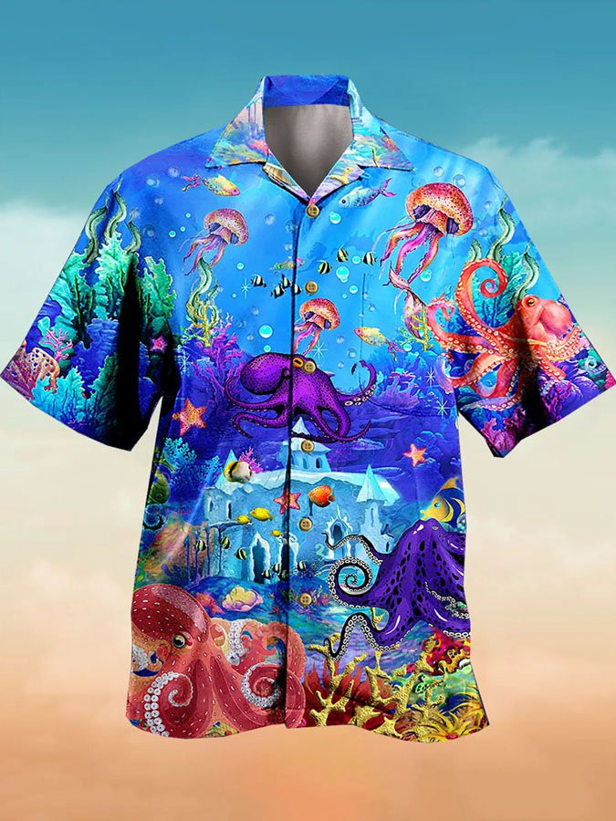 Mens Casual Ocean Octopus Print Short Sleeve Hawaiian Shirt