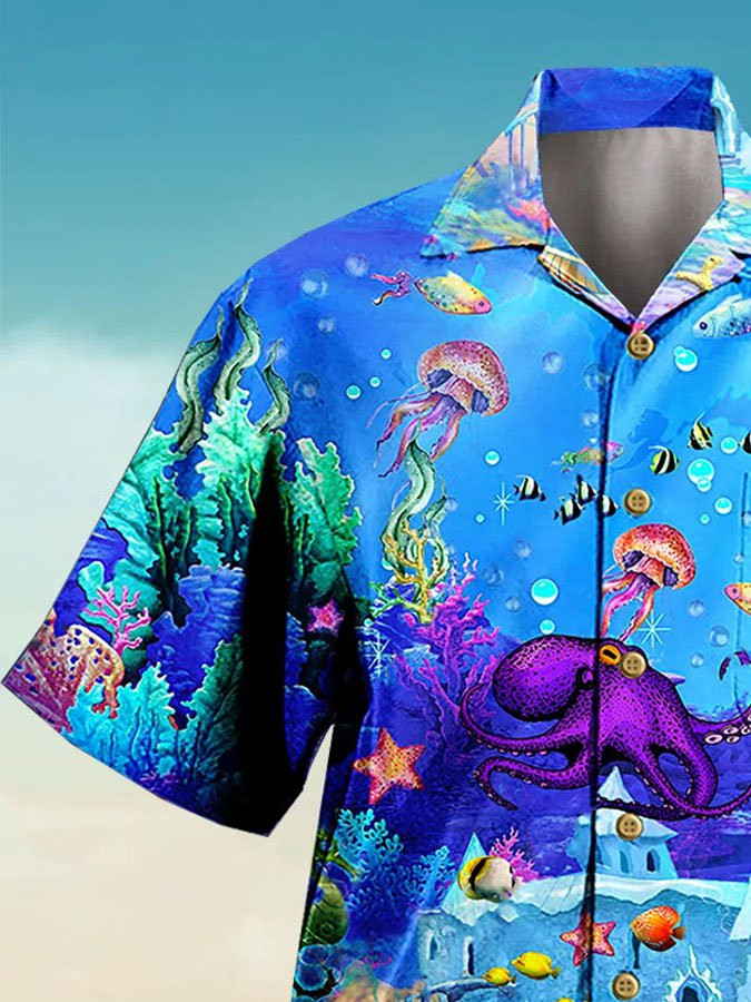 Mens Casual Ocean Octopus Print Short Sleeve Hawaiian Shirt