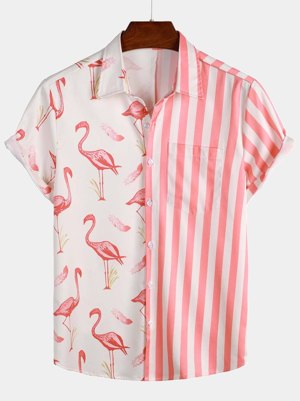 Mens Pink Flamingo  Striped Print Holiday Pocket Short Sleeve Shirt Hawaiian Shirt for Men Women