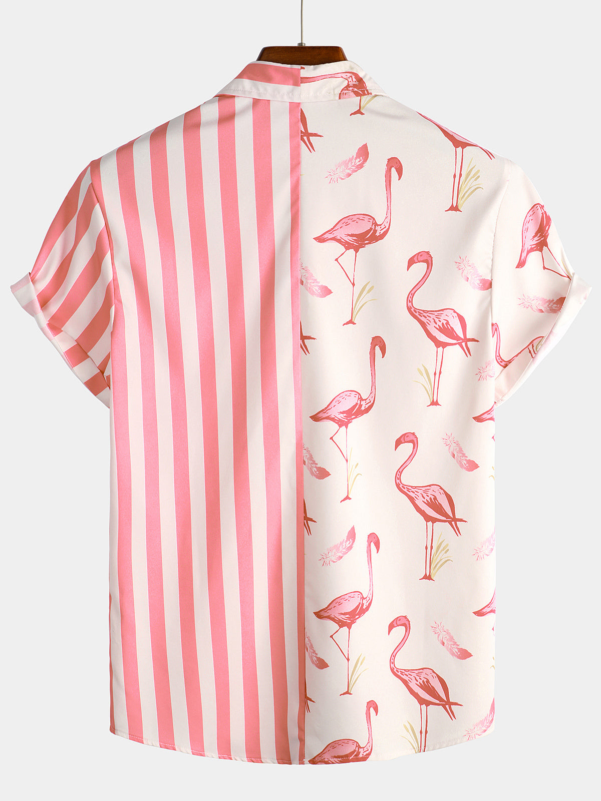 Mens Pink Flamingo  Striped Print Holiday Pocket Short Sleeve Shirt Hawaiian Shirt for Men Women