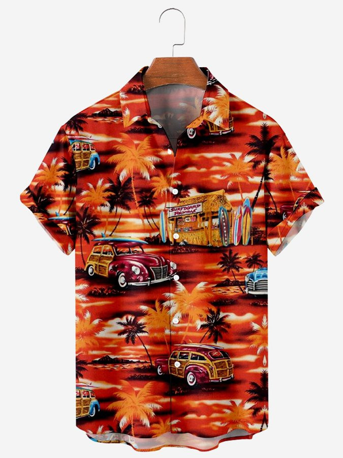 Mens Vintage Hawaiian Shirt Car Palm Tree Print Cotton Blend Short Sleeve Shirt