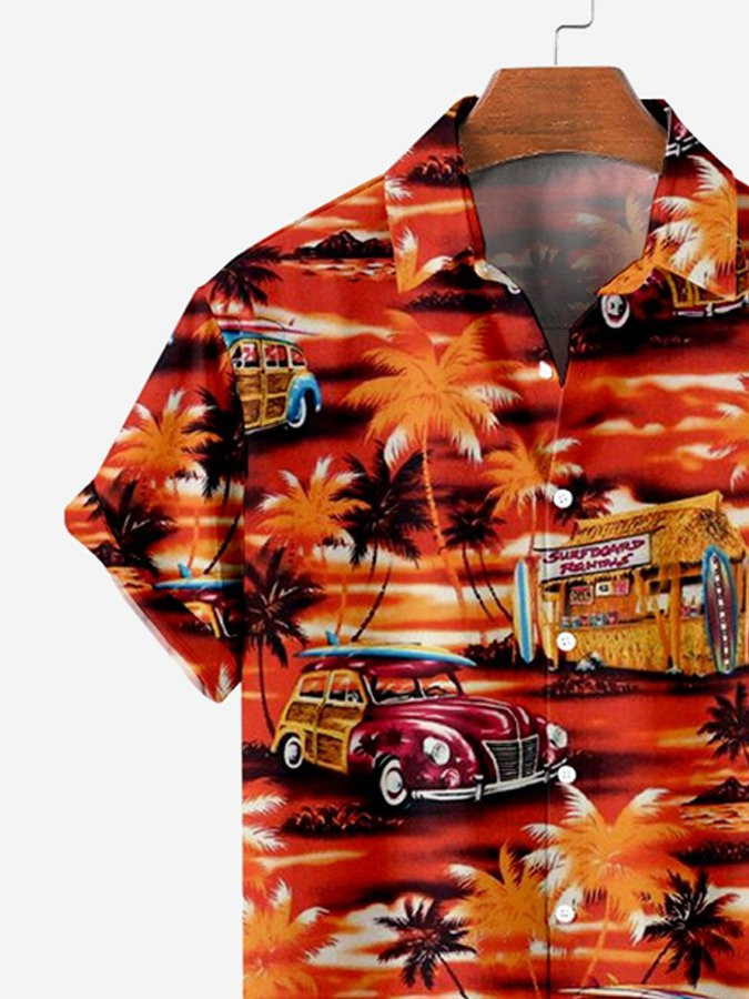 Mens Vintage Hawaiian Shirt Car Palm Tree Print Cotton Blend Short Sleeve Shirt