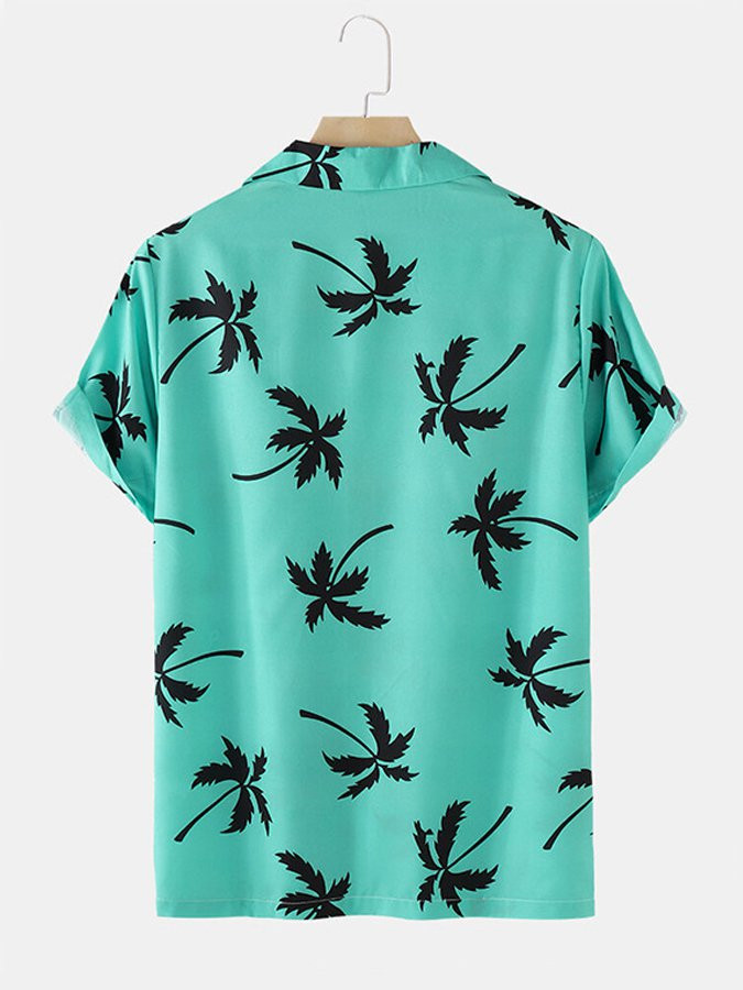 Mens Coconut Print Seaside Hawaiian Loose Beach Shirt