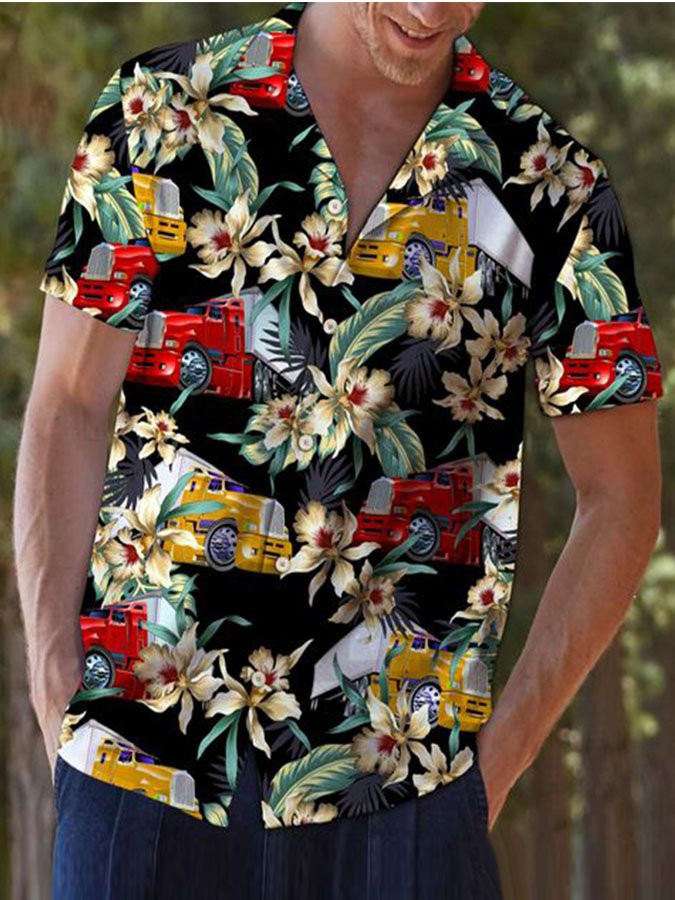 Mens Hawaiian Shirt Black Cotton-Blend Holiday Flowers Truck Plant Shirts