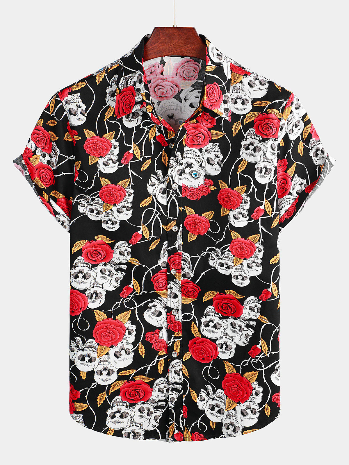 Mens Skull Rose Print Short Sleeve Shirt Hawaiian Shirt for Men Women