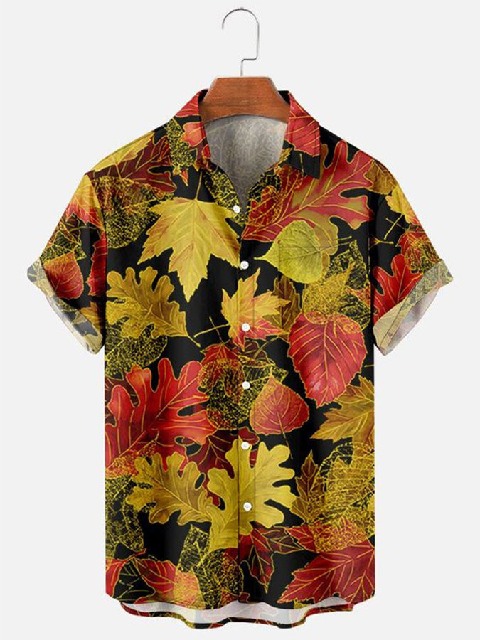 Yellow Basic Leaf Cotton-Blend Shirts  Tops Hawaiian Shirt for Men Women