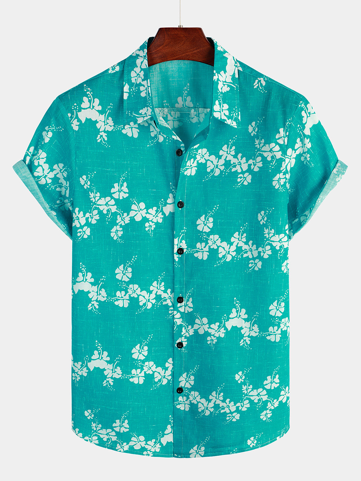 Mens Hawaiian  Print Button Green Short Sleeve Shirt