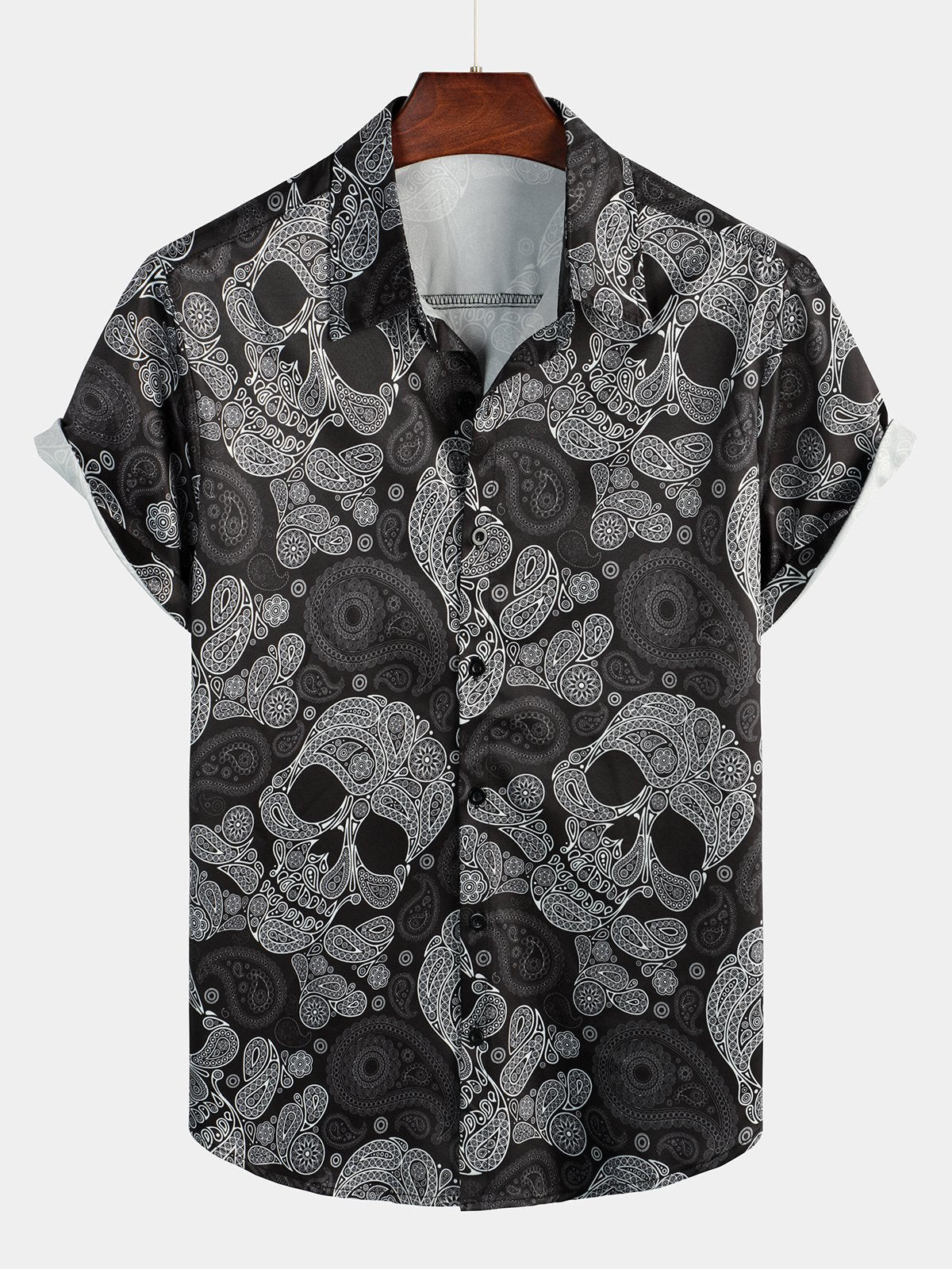 Mens Funny Black Skull Print Short Sleeve Shirt Hawaiian Shirt for Men Women