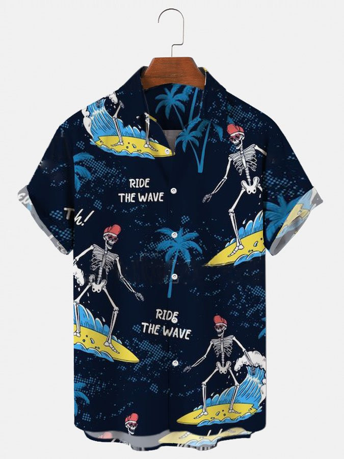 Mens Skeleton Ride the Wave Skull Surfing Hawaiian Shirts