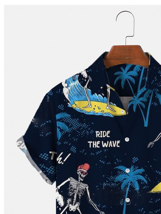 Mens Skeleton Ride the Wave Skull Surfing Hawaiian Shirts