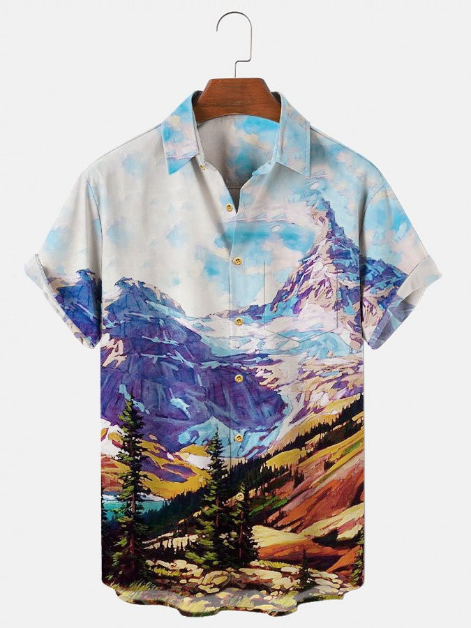 Mens Blue Vintage Outdoor Printing Cotton-Blend Natural Landscape Hawaii Camp Shirts Hawaiian Shirt for Men Women