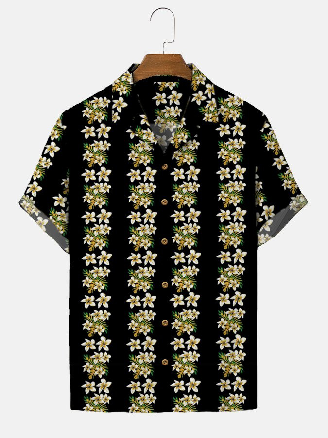 Mens Floral Hawaiian Shirt Casual  Short Sleeve Aloha  Black Plant Cotton-Blend Beach Shirts