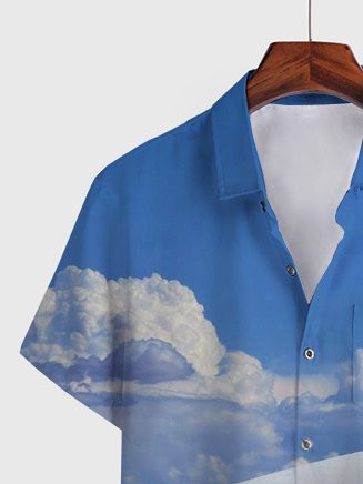 Mens Abstract Blue Sky and White Clouds Print Shirt Hawaiian Style Shirts and Tops