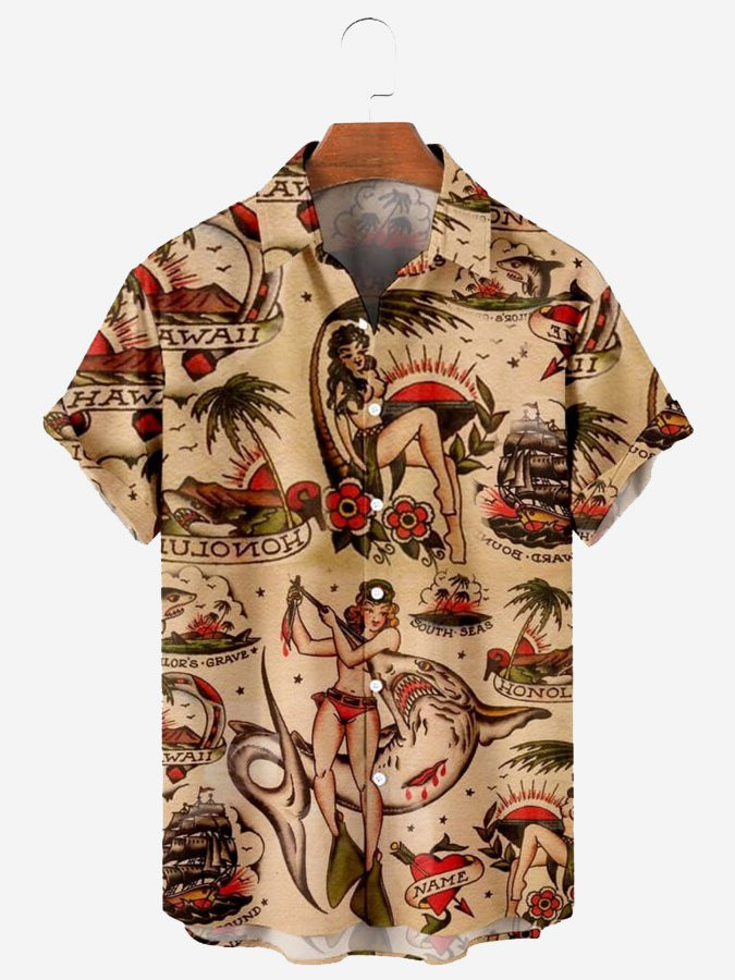 Mens Vintage Hawaiian Shirt Beach Resort Print Cotton Blend Shirt