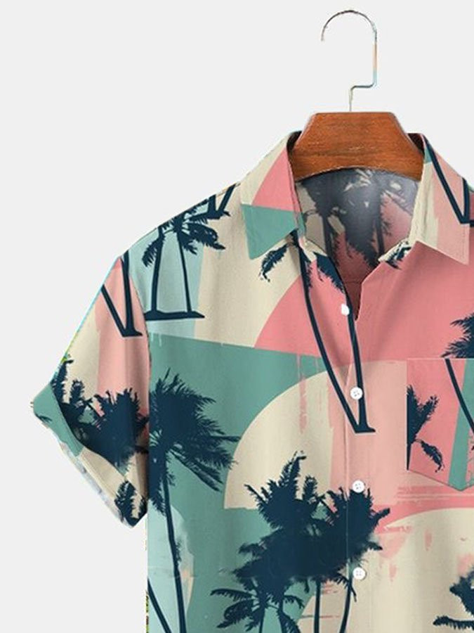 Mens Hawaiian Shirt Casual Short Sleeve Pink Statement Palm Tree Shirts  Tops