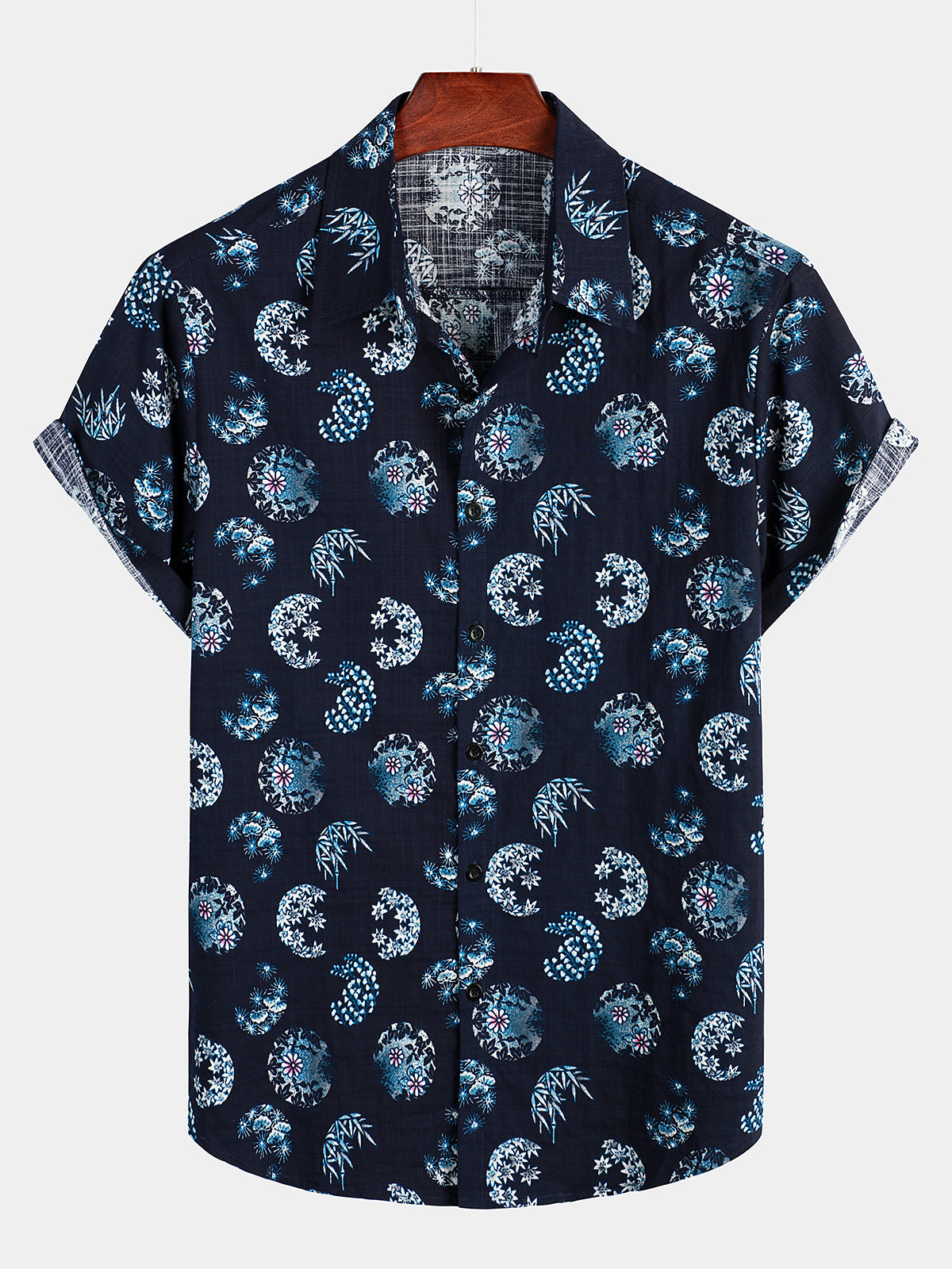 Mens Navy Blue Vintage Cotton Pocket Short Sleeve Shirt Hawaiian Shirt for Men Women