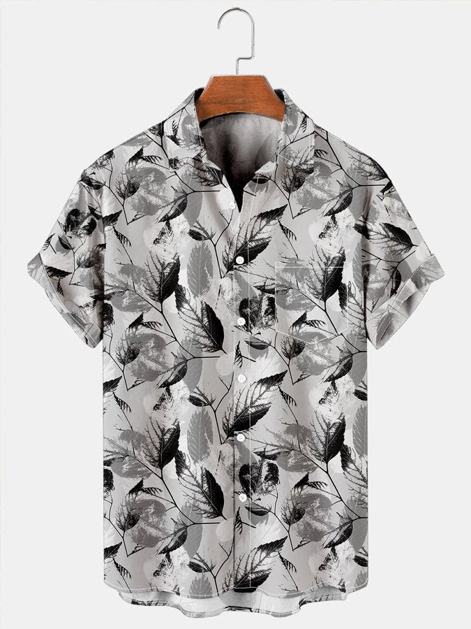 Mens Casual Hawaiian Shirt Leisure Gradual Leaf Gray Cotton-Blend Shirt